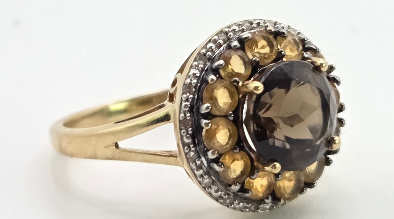 3008: 9ct Gold Citrines, Smokey Quartz Natural Diamonds Target Ring