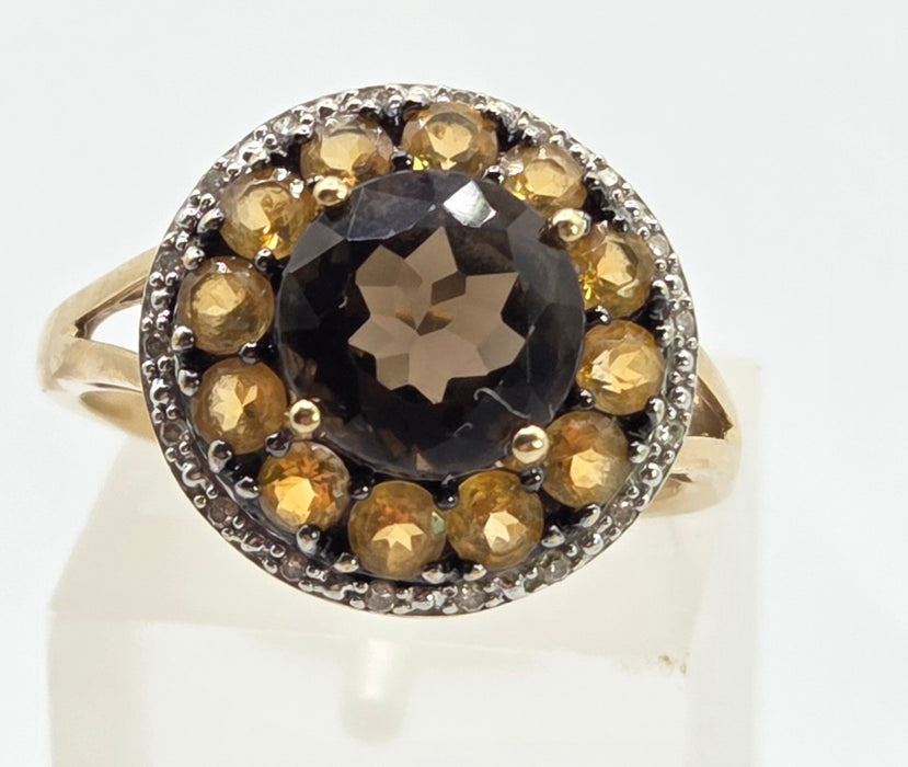 3008: 9ct Gold Citrines, Smokey Quartz Natural Diamonds Target Ring