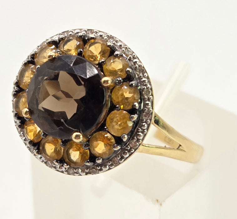 3008: 9ct Gold Citrines, Smokey Quartz Natural Diamonds Target Ring