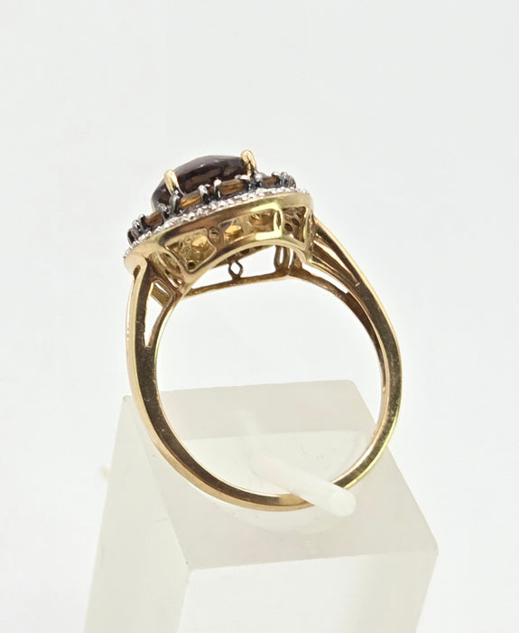 3008: 9ct Gold Citrines, Smokey Quartz Natural Diamonds Target Ring