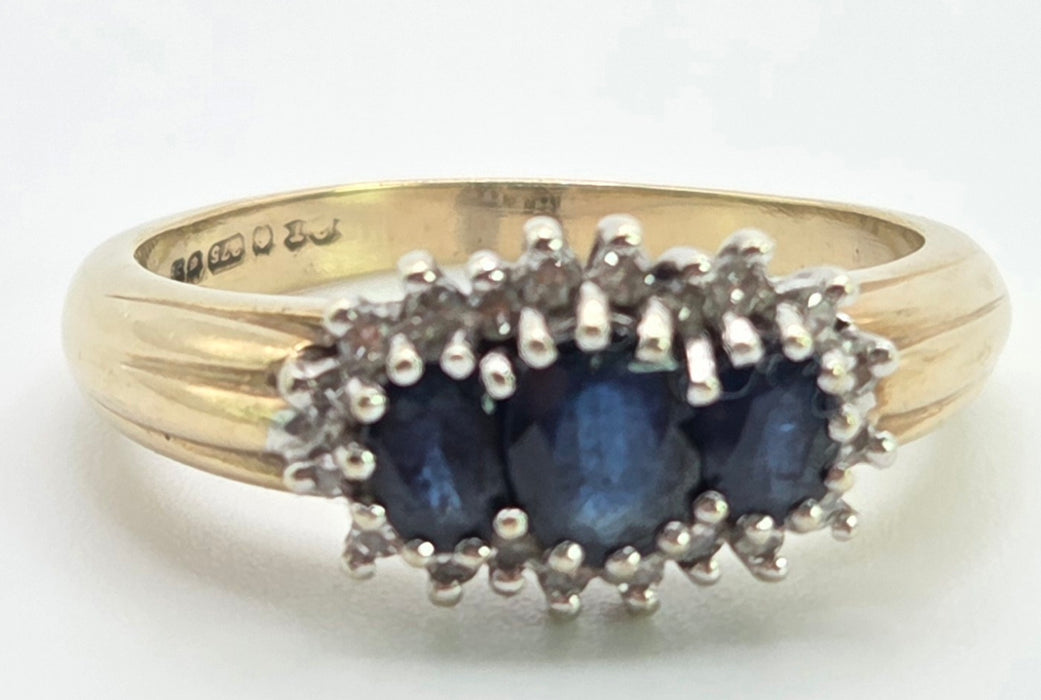 3010 Vintage 9ct Gold French Blue Sapphires 20 Natural Sparkling Diamonds Ring