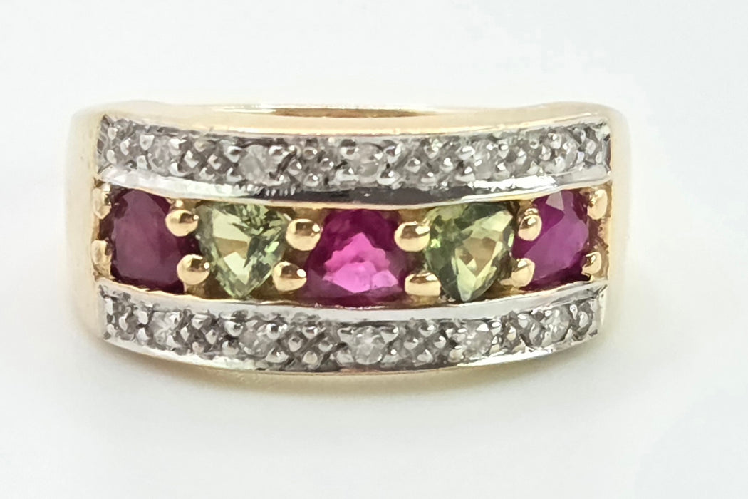 3009 Vintage: 9ct Gold Rubies, Green Sapphires, Diamonds Precious Gemstones Ring