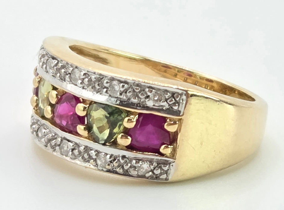 3009 Vintage: 9ct Gold Rubies, Green Sapphires, Diamonds Precious Gemstones Ring
