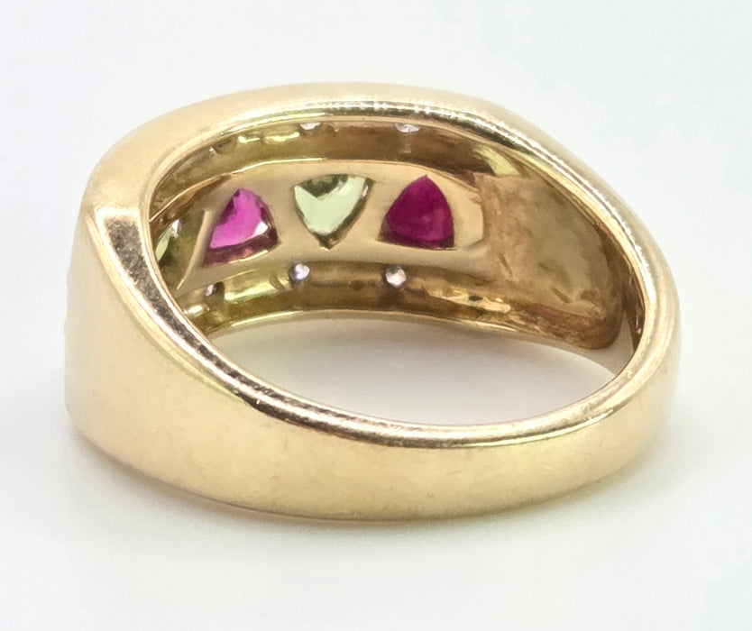 3009 Vintage: 9ct Gold Rubies, Green Sapphires, Diamonds Precious Gemstones Ring