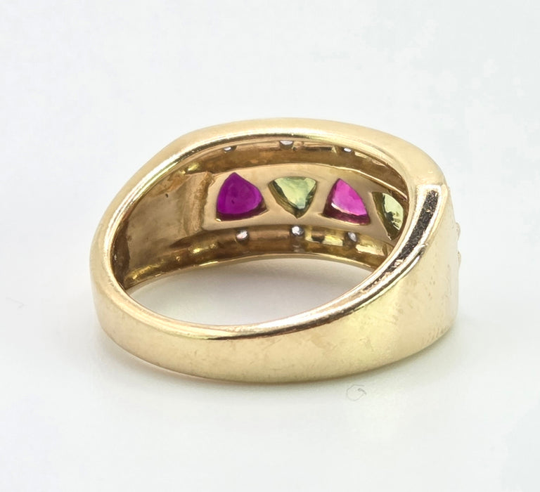 3009 Vintage: 9ct Gold Rubies, Green Sapphires, Diamonds Precious Gemstones Ring