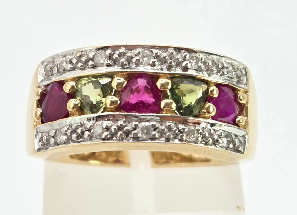 3009 Vintage: 9ct Gold Rubies, Green Sapphires, Diamonds Precious Gemstones Ring