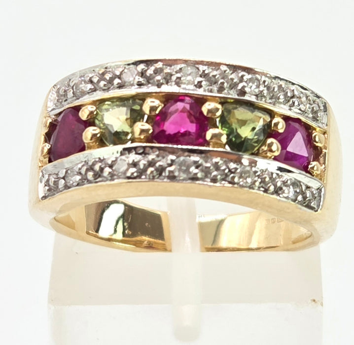3009 Vintage: 9ct Gold Rubies, Green Sapphires, Diamonds Precious Gemstones Ring
