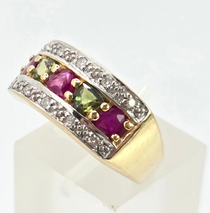 3009 Vintage: 9ct Gold Rubies, Green Sapphires, Diamonds Precious Gemstones Ring