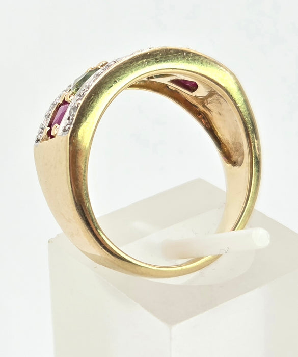 3009 Vintage: 9ct Gold Rubies, Green Sapphires, Diamonds Precious Gemstones Ring