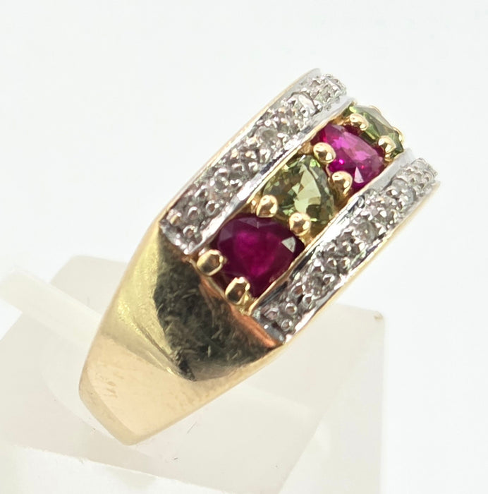 3009 Vintage: 9ct Gold Rubies, Green Sapphires, Diamonds Precious Gemstones Ring