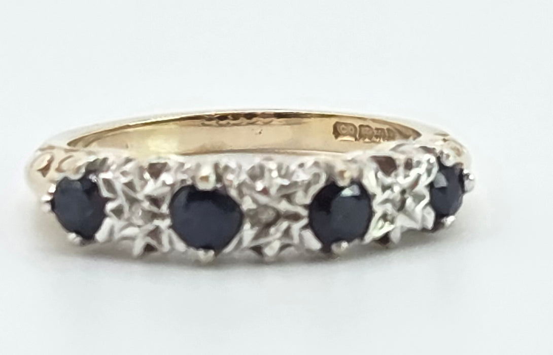 3084: Vintage 9ct Gold Cornflower Blue Sapphires Diamonds Stacker/Half- Eternity Ring