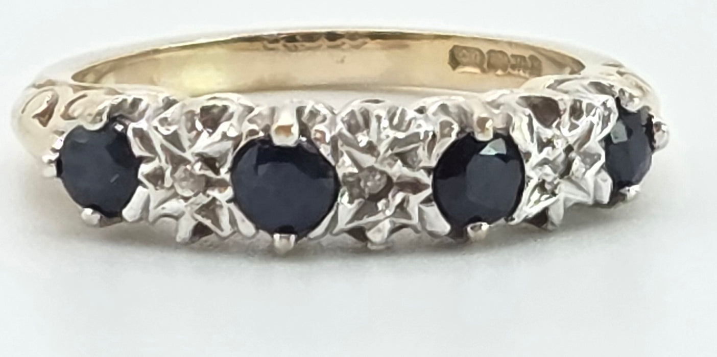 3084: Vintage 9ct Gold Cornflower Blue Sapphires Diamonds Stacker/Half- Eternity Ring