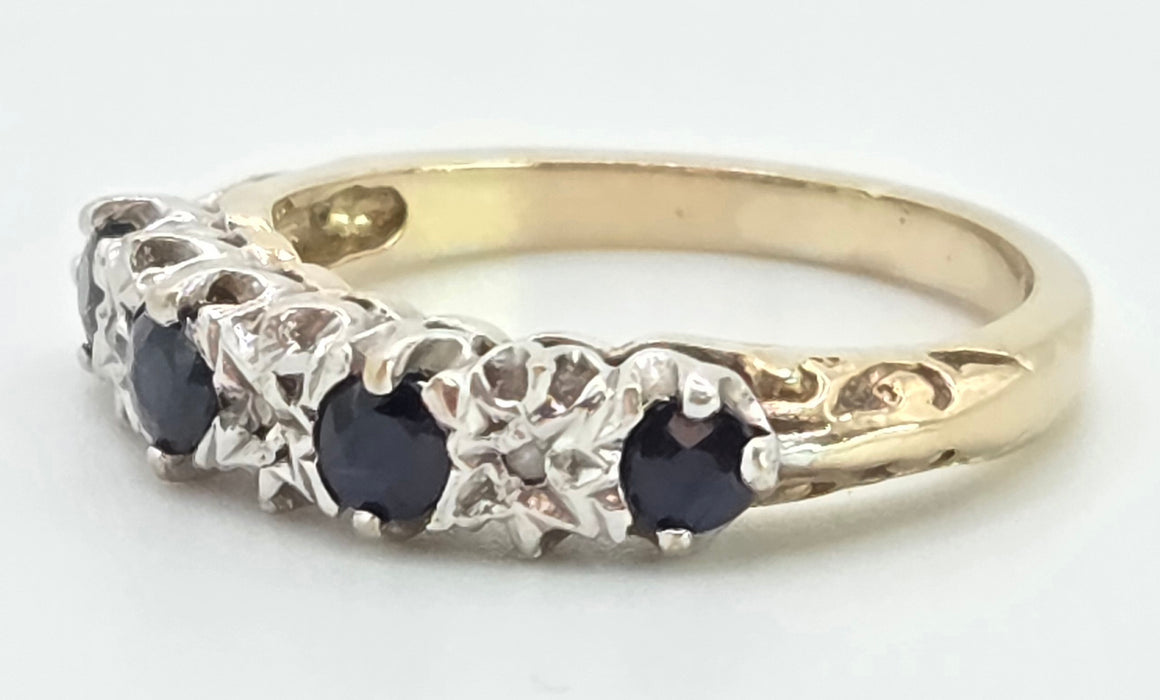 3084: Vintage 9ct Gold Cornflower Blue Sapphires Diamonds Stacker/Half- Eternity Ring