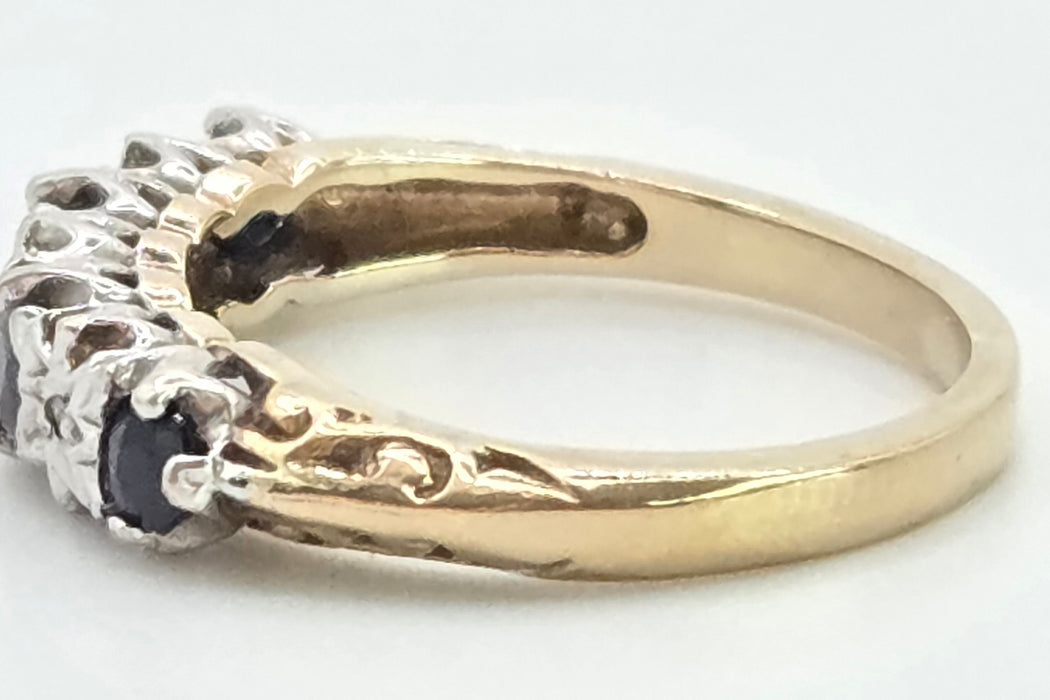 3084: Vintage 9ct Gold Cornflower Blue Sapphires Diamonds Stacker/Half- Eternity Ring