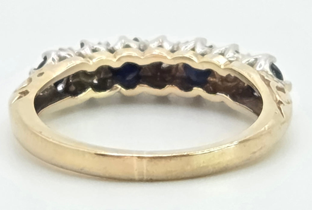 3084: Vintage 9ct Gold Cornflower Blue Sapphires Diamonds Stacker/Half- Eternity Ring
