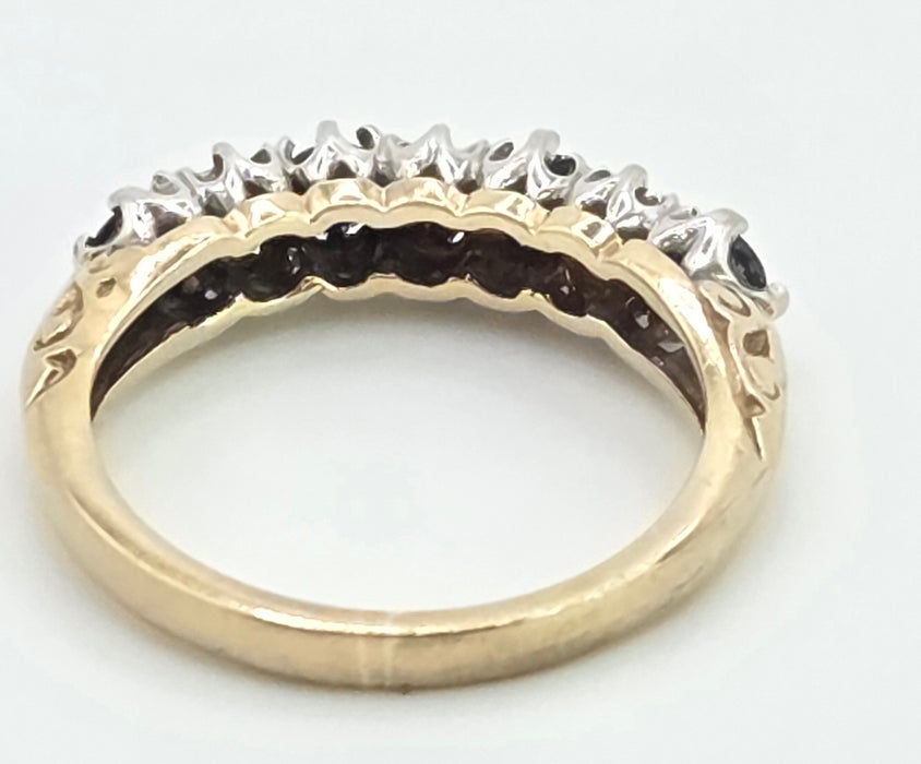 3084: Vintage 9ct Gold Cornflower Blue Sapphires Diamonds Stacker/Half- Eternity Ring
