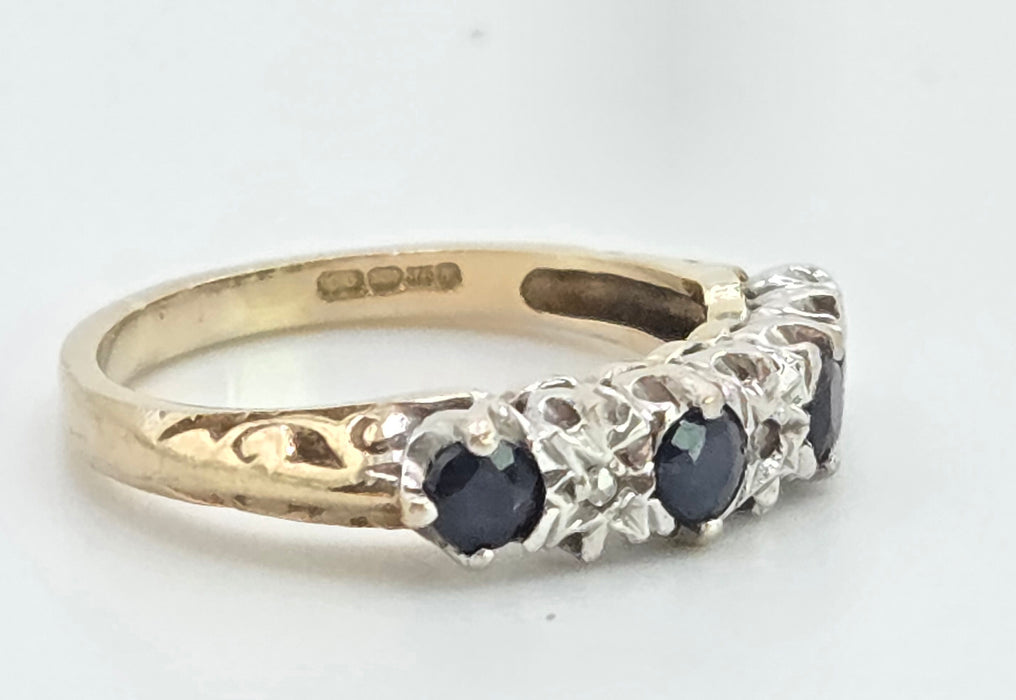 3084: Vintage 9ct Gold Cornflower Blue Sapphires Diamonds Stacker/Half- Eternity Ring
