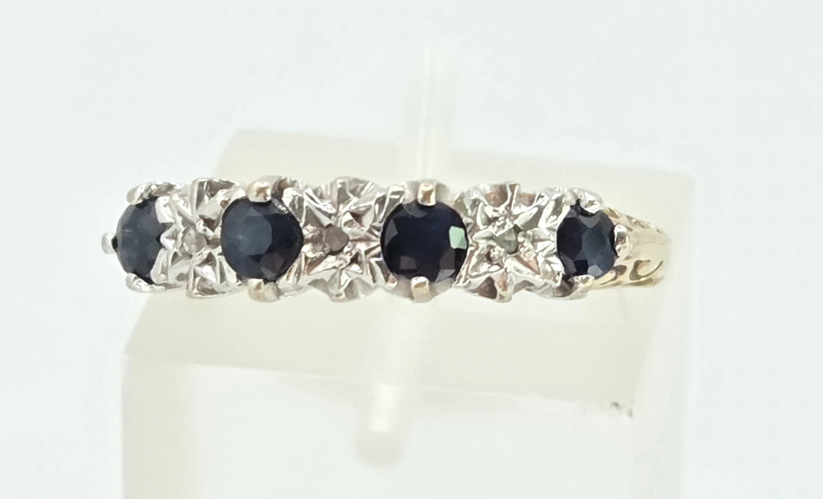 3084: Vintage 9ct Gold Cornflower Blue Sapphires Diamonds Stacker/Half- Eternity Ring