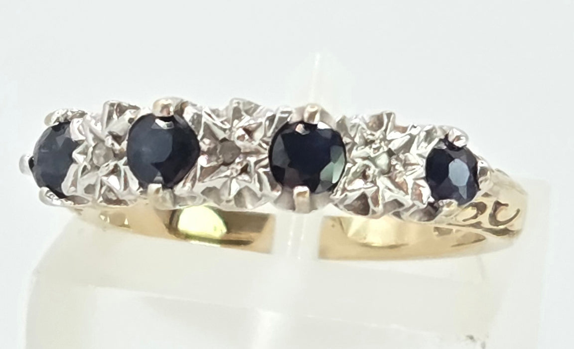 3084: Vintage 9ct Gold Cornflower Blue Sapphires Diamonds Stacker/Half- Eternity Ring