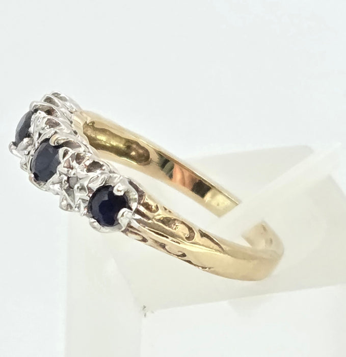 3084: Vintage 9ct Gold Cornflower Blue Sapphires Diamonds Stacker/Half- Eternity Ring