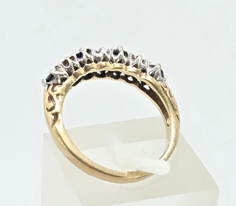 3084: Vintage 9ct Gold Cornflower Blue Sapphires Diamonds Stacker/Half- Eternity Ring