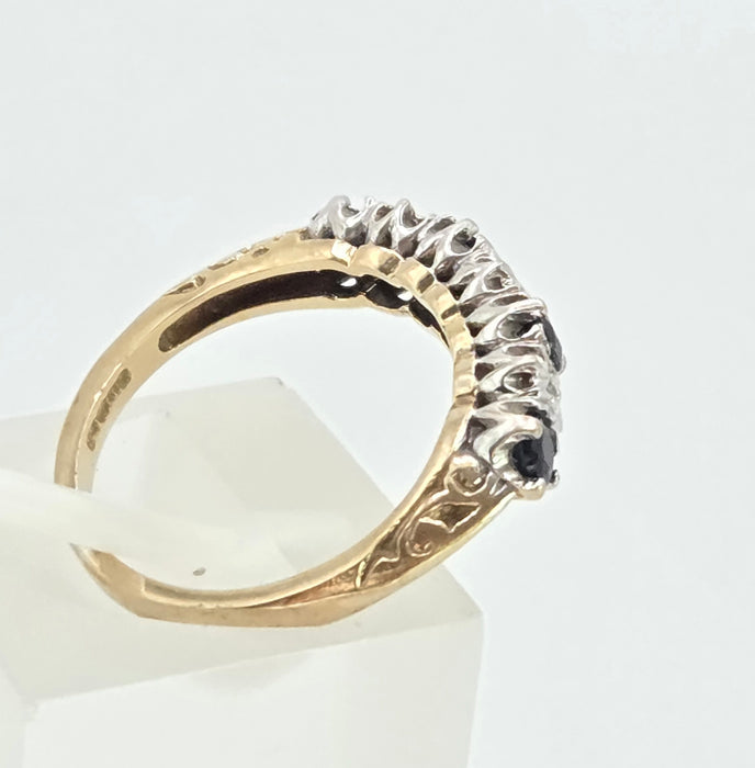3084: Vintage 9ct Gold Cornflower Blue Sapphires Diamonds Stacker/Half- Eternity Ring