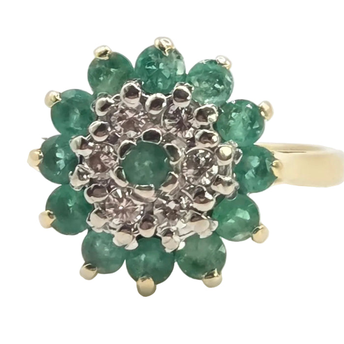 2943: Vintage 18ct Gold Emeralds Diamonds Floral Cluster Ring-From 1975