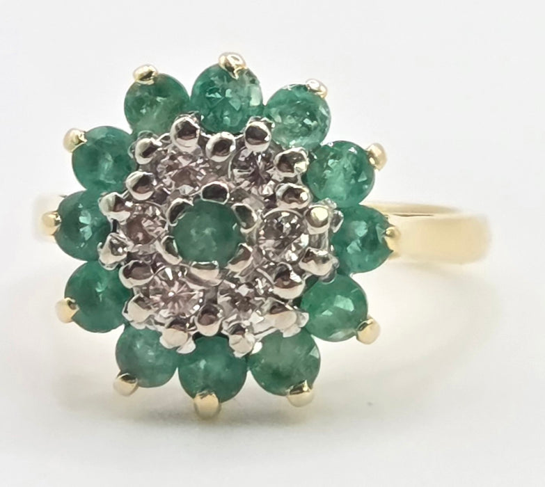 2943: Vintage 18ct Gold Emeralds Diamonds Floral Cluster Ring-From 1975