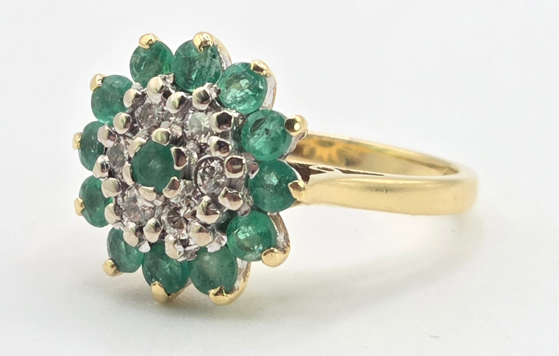 2943: Vintage 18ct Gold Emeralds Diamonds Floral Cluster Ring-From 1975