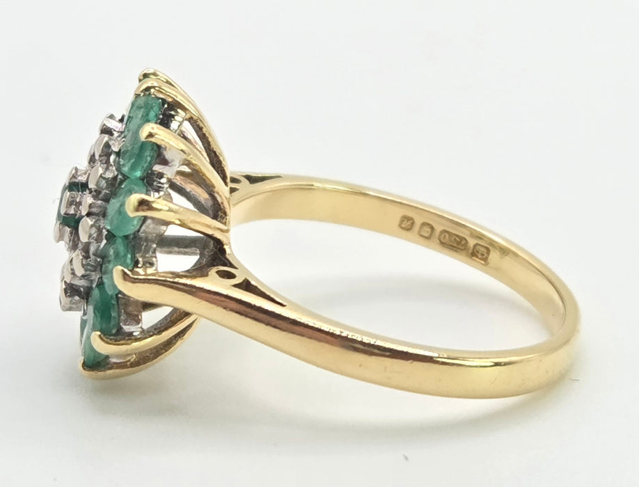 2943: Vintage 18ct Gold Emeralds Diamonds Floral Cluster Ring-From 1975