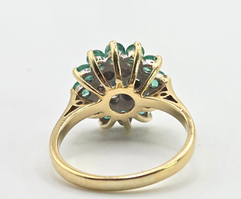 2943: Vintage 18ct Gold Emeralds Diamonds Floral Cluster Ring-From 1975
