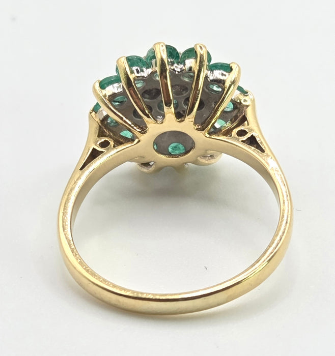 2943: Vintage 18ct Gold Emeralds Diamonds Floral Cluster Ring-From 1975