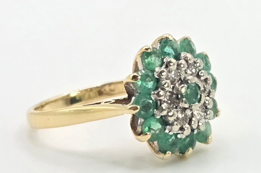 2943: Vintage 18ct Gold Emeralds Diamonds Floral Cluster Ring-From 1975