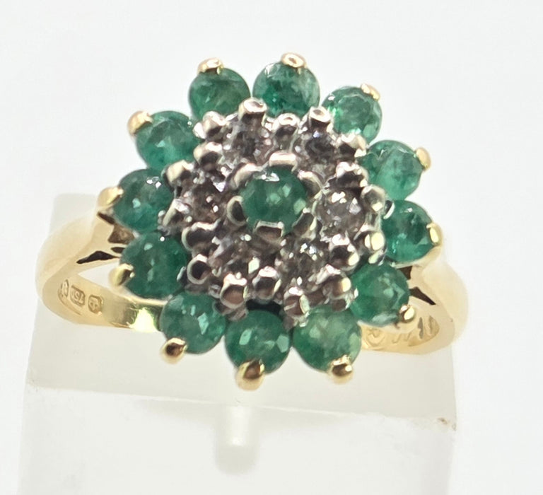 2943: Vintage 18ct Gold Emeralds Diamonds Floral Cluster Ring-From 1975
