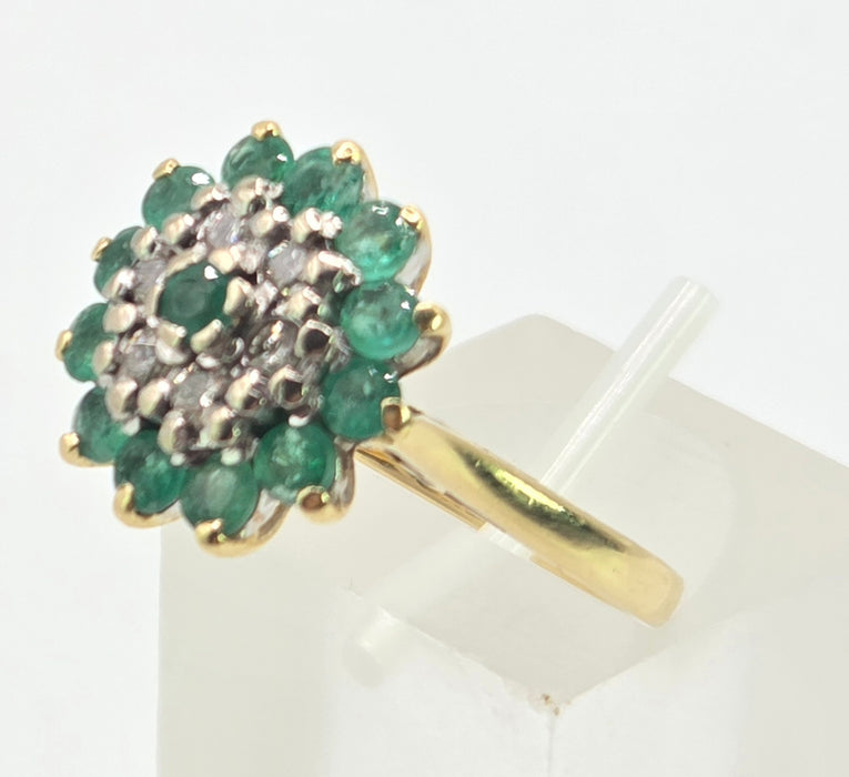 2943: Vintage 18ct Gold Emeralds Diamonds Floral Cluster Ring-From 1975
