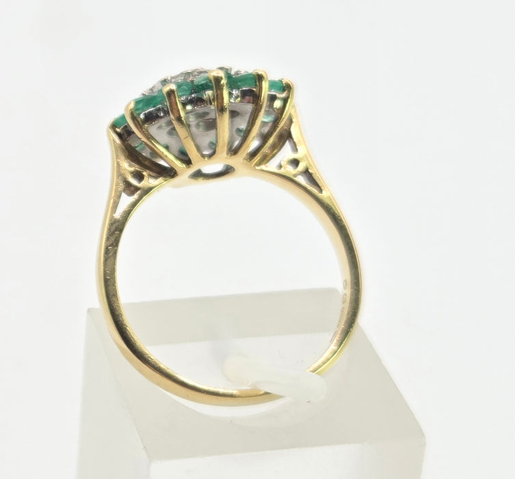2943: Vintage 18ct Gold Emeralds Diamonds Floral Cluster Ring-From 1975