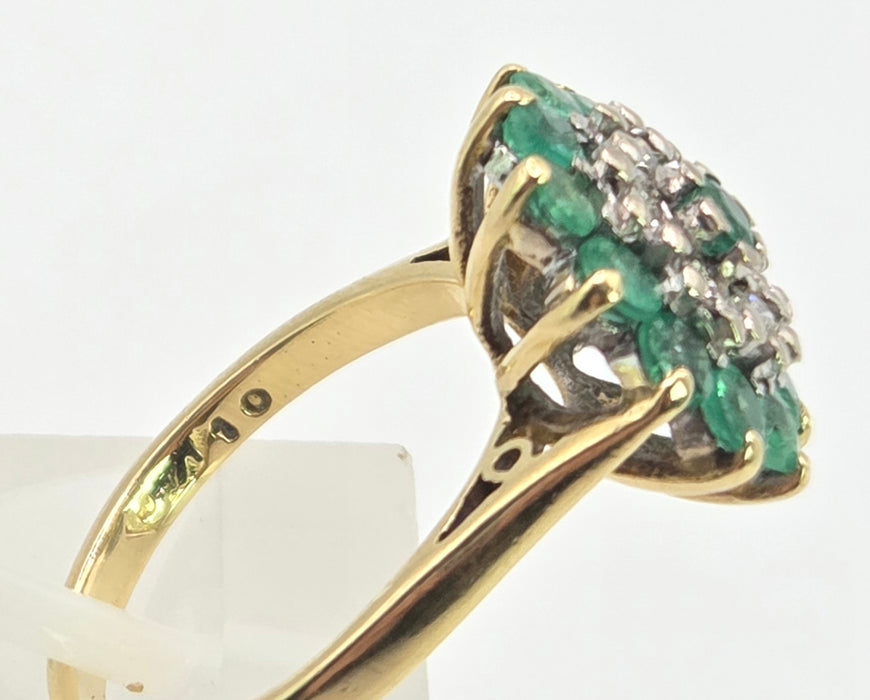 2943: Vintage 18ct Gold Emeralds Diamonds Floral Cluster Ring-From 1975