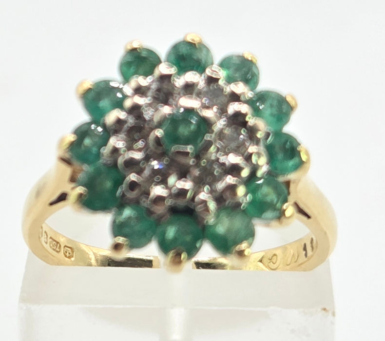 2943: Vintage 18ct Gold Emeralds Diamonds Floral Cluster Ring-From 1975