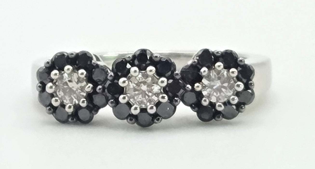 3035 Vintage: 9ct White Gold Black & White Diamond Triple Cluster Ring