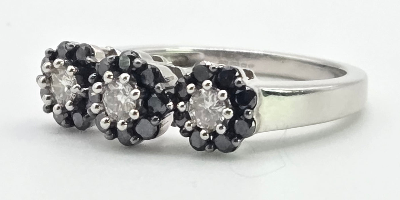 3035 Vintage: 9ct White Gold Black & White Diamond Triple Cluster Ring