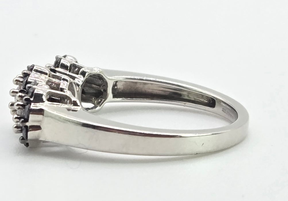 3035 Vintage: 9ct White Gold Black & White Diamond Triple Cluster Ring