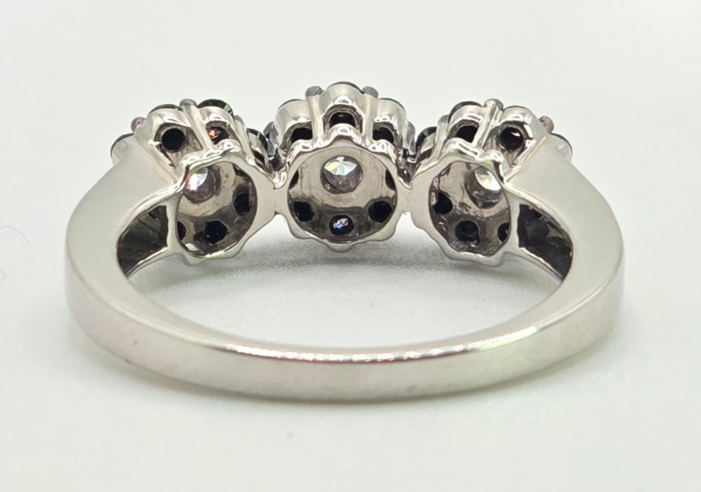 3035 Vintage: 9ct White Gold Black & White Diamond Triple Cluster Ring