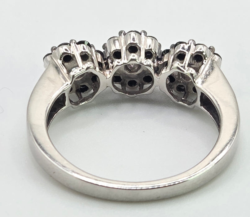 3035 Vintage: 9ct White Gold Black & White Diamond Triple Cluster Ring