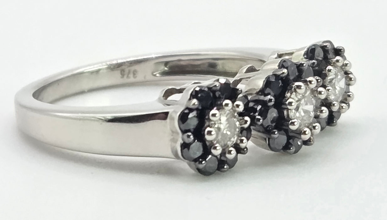 3035 Vintage: 9ct White Gold Black & White Diamond Triple Cluster Ring