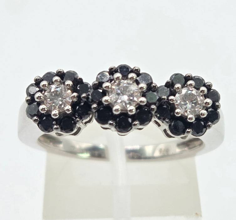 3035 Vintage: 9ct White Gold Black & White Diamond Triple Cluster Ring