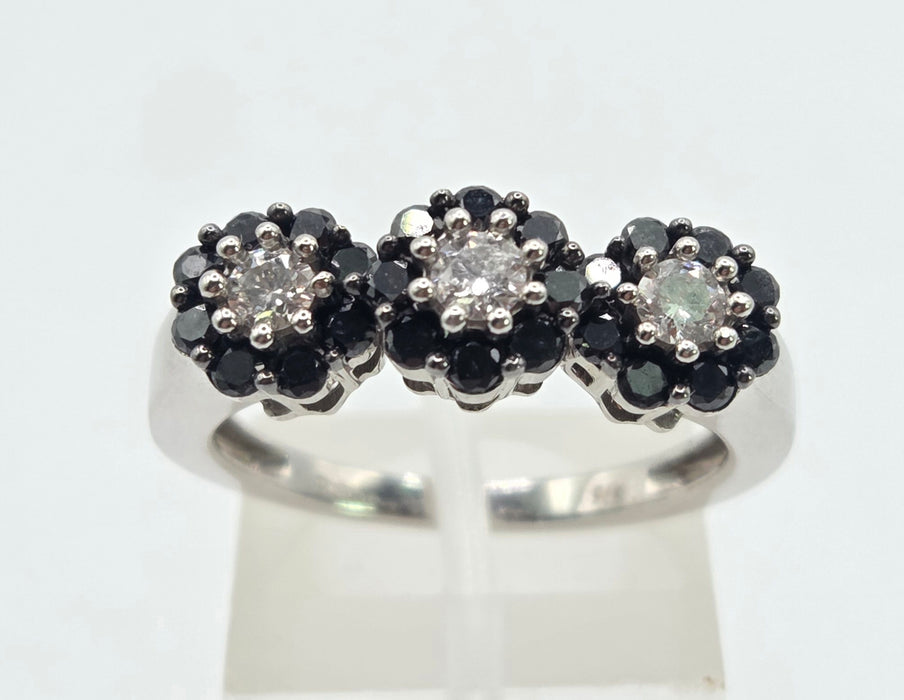 3035 Vintage: 9ct White Gold Black & White Diamond Triple Cluster Ring
