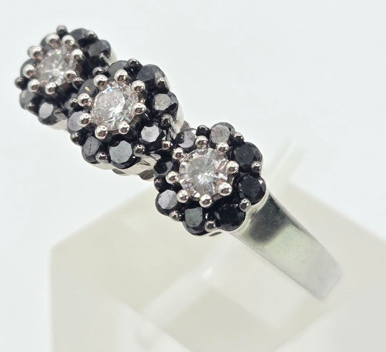 3035 Vintage: 9ct White Gold Black & White Diamond Triple Cluster Ring
