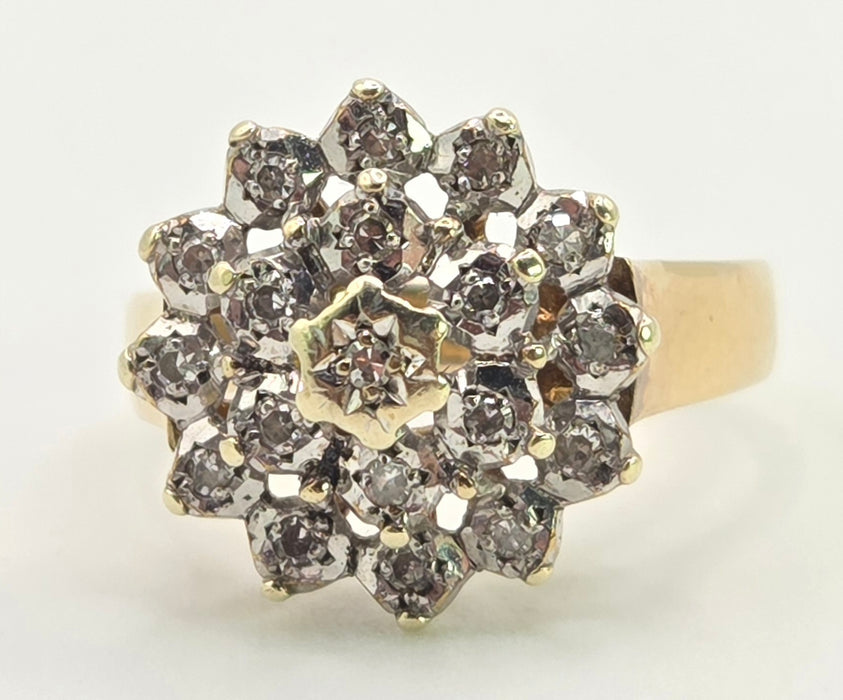 3023: Vintage 9ct Gold 19 Natural Sparkling Diamonds Floral Cluster Ring- From 1982