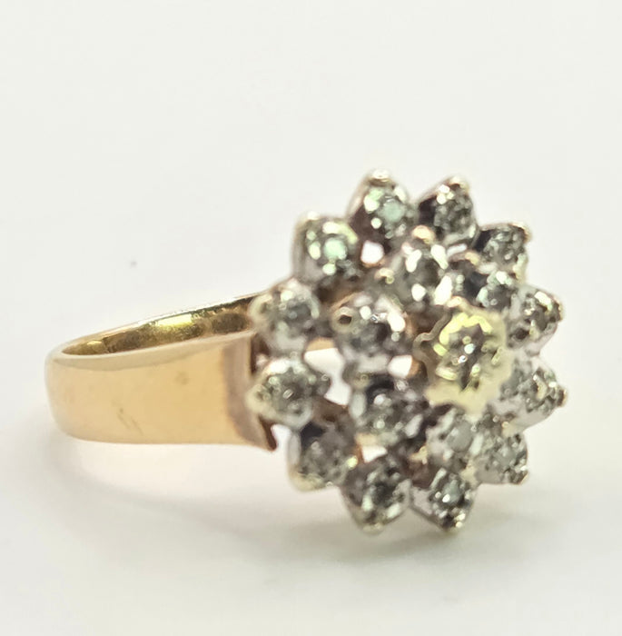 3023: Vintage 9ct Gold 19 Natural Sparkling Diamonds Floral Cluster Ring- From 1982