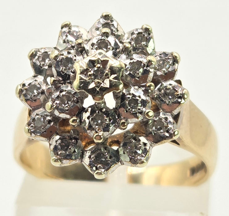 3023: Vintage 9ct Gold 19 Natural Sparkling Diamonds Floral Cluster Ring- From 1982